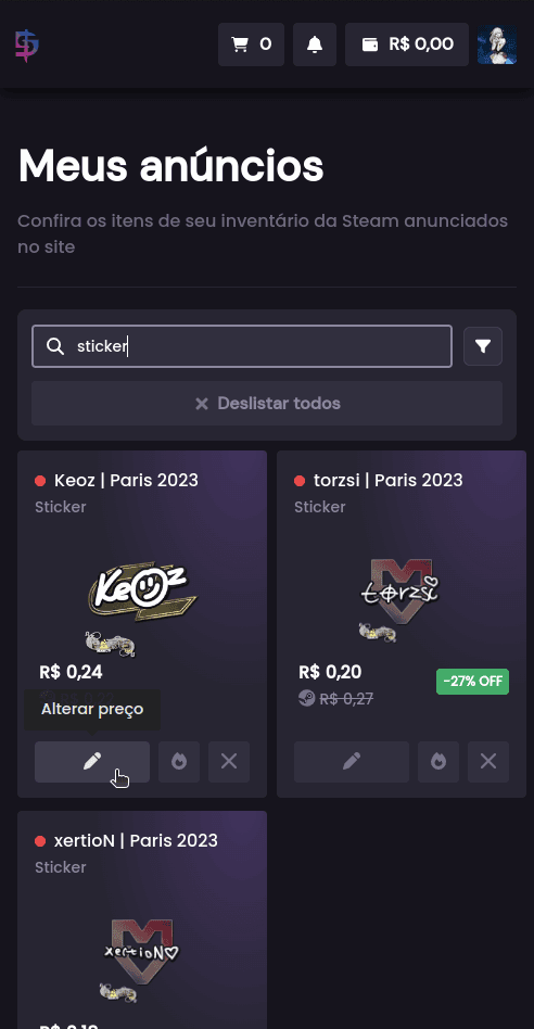 Posso alterar o valor das minhas skins anunciadas? - Passo 2 (Mobile)