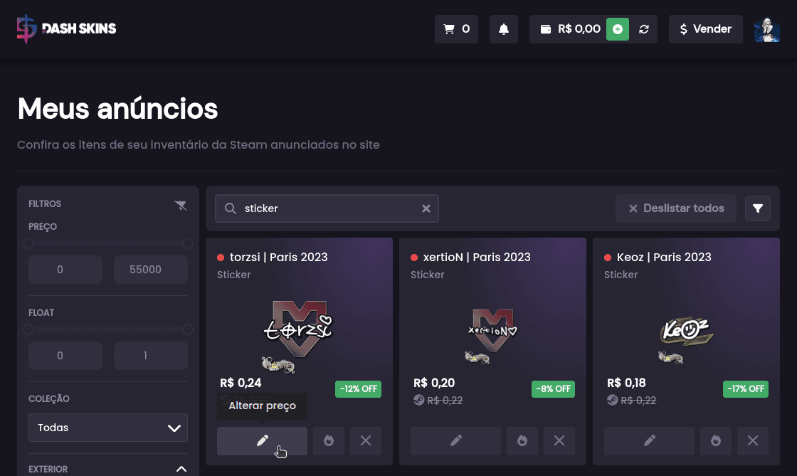 Posso alterar o valor das minhas skins anunciadas? - Passo 2 (Desktop)