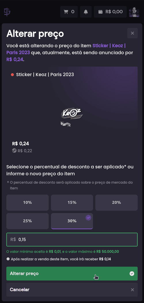 Posso alterar o valor das minhas skins anunciadas? - Passo 3 (Mobile)