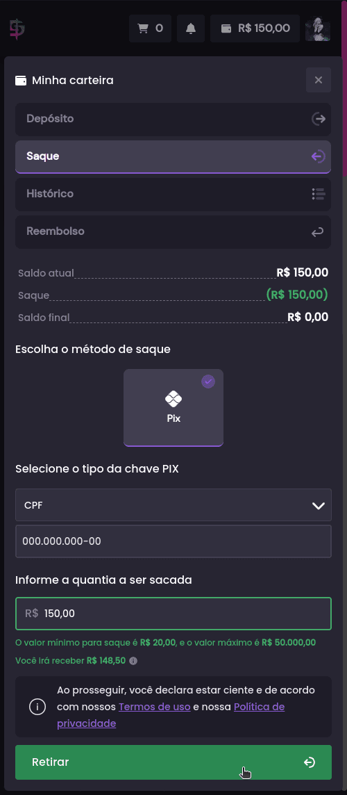 Após a venda do meu item, como faço para retirar o valor para minha conta bancária? - Passo 2 (Mobile)
