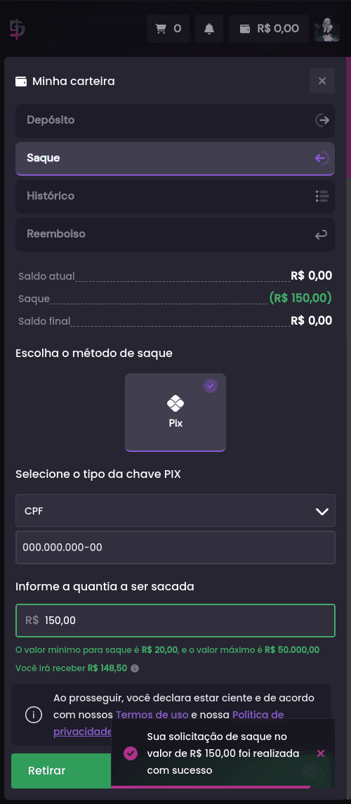 Após a venda do meu item, como faço para retirar o valor para minha conta bancária? - Passo 3 (Mobile)