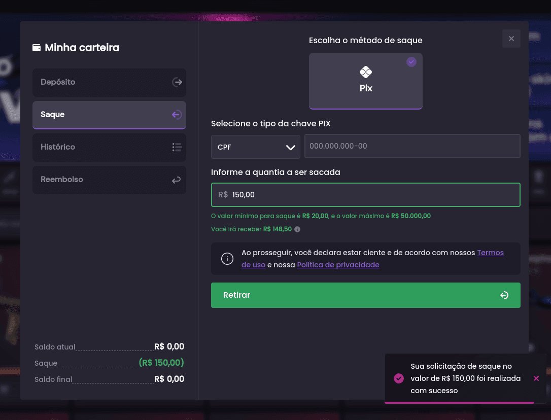 Após a venda do meu item, como faço para retirar o valor para minha conta bancária? - Passo 3 (Desktop)